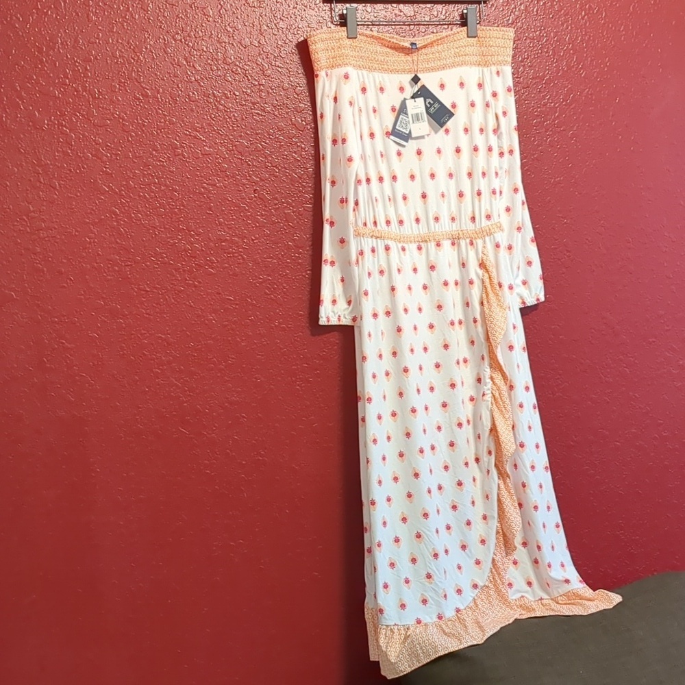 Cabana Life -Orange/White /Off the Shoulder- Long Sleeve/Ruffle Slit Maxi Dress - Picture 3 of 12